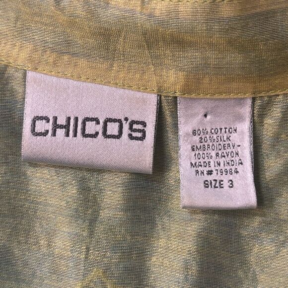 Chico's Teal Blue Button-Down Cotton Linen Blouse Geometric Applique Embroidery - Picture 6 of 6